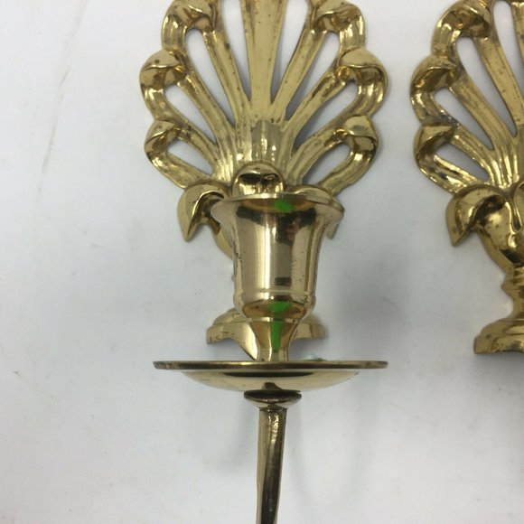 Pair Ornate Brass Sconce Candle Holders Shell - Picture 3 of 9